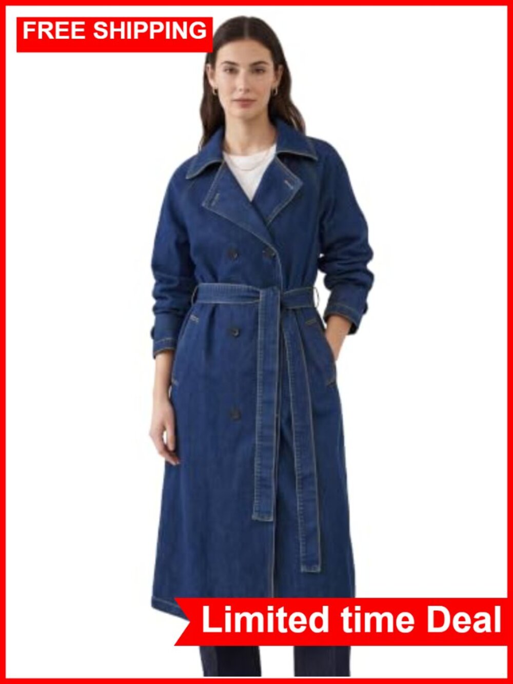 Womens 100% Cotton Denim Trench Coat Longline Belted A-Line Jacket